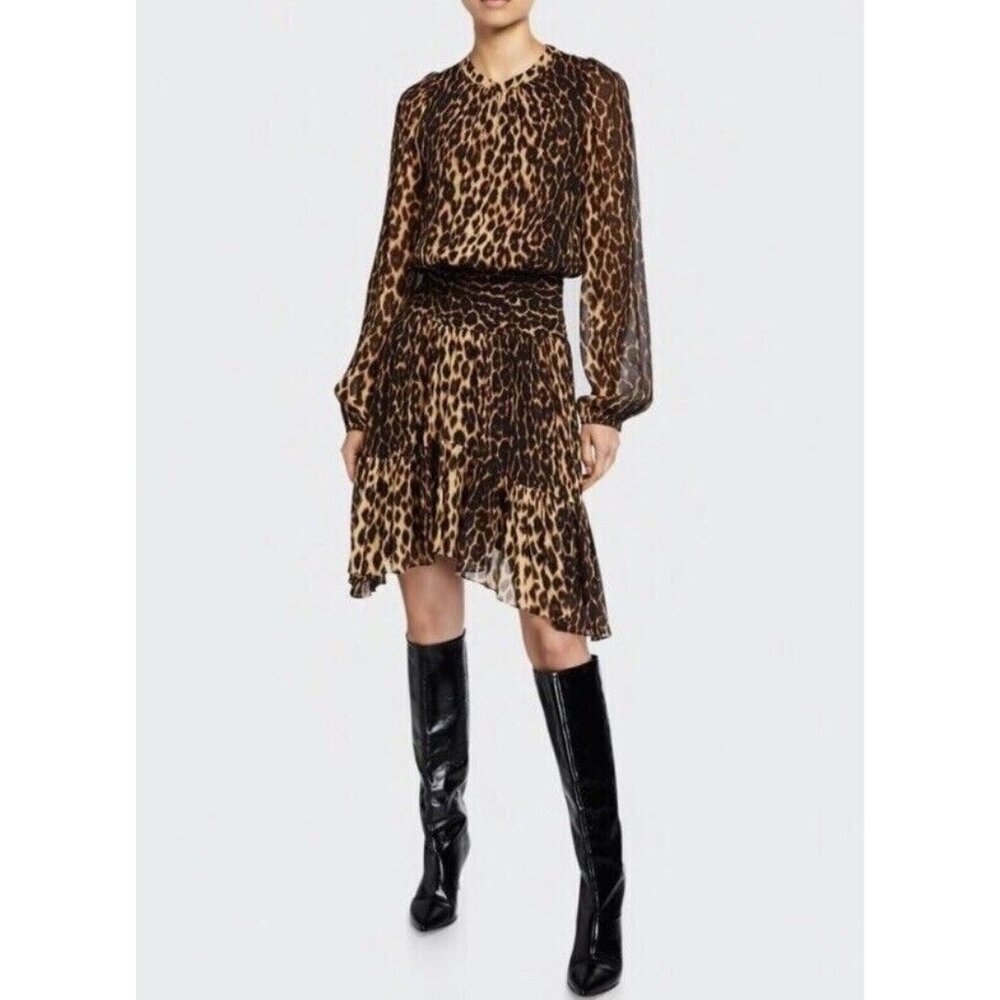 A.L.C. 18 Sidney Leopard Print Silk Chiffon Asymmetrical Long Sleeve Dress